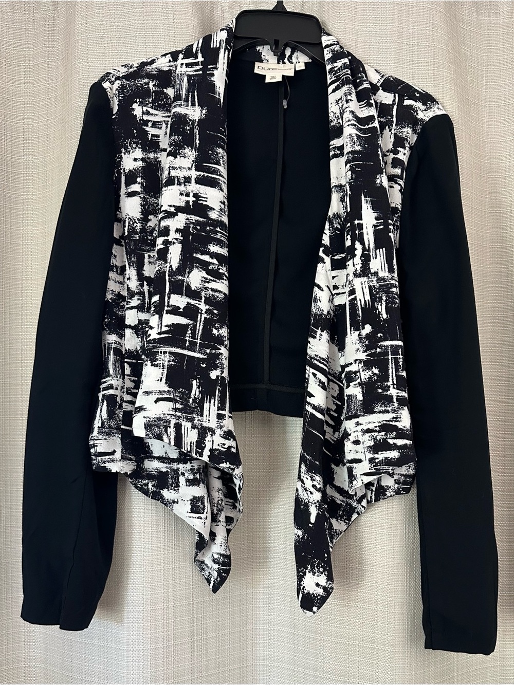 Pure DKNY Black & White Abstract Draped Open-Front Light Blazer Jacket Large